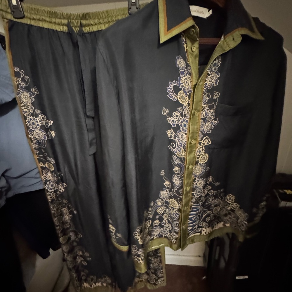 Zimmermann Embroidered Black and olive green Pajama set 100% Silk.